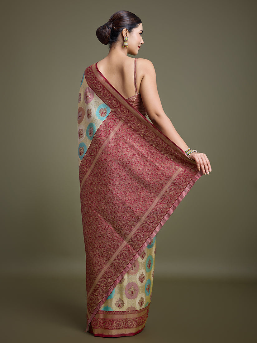 Monjolika Fashion Elegant Maroon And Cream Banarasi Silk SareeWith Intricate Zari Work | Swadesiicart