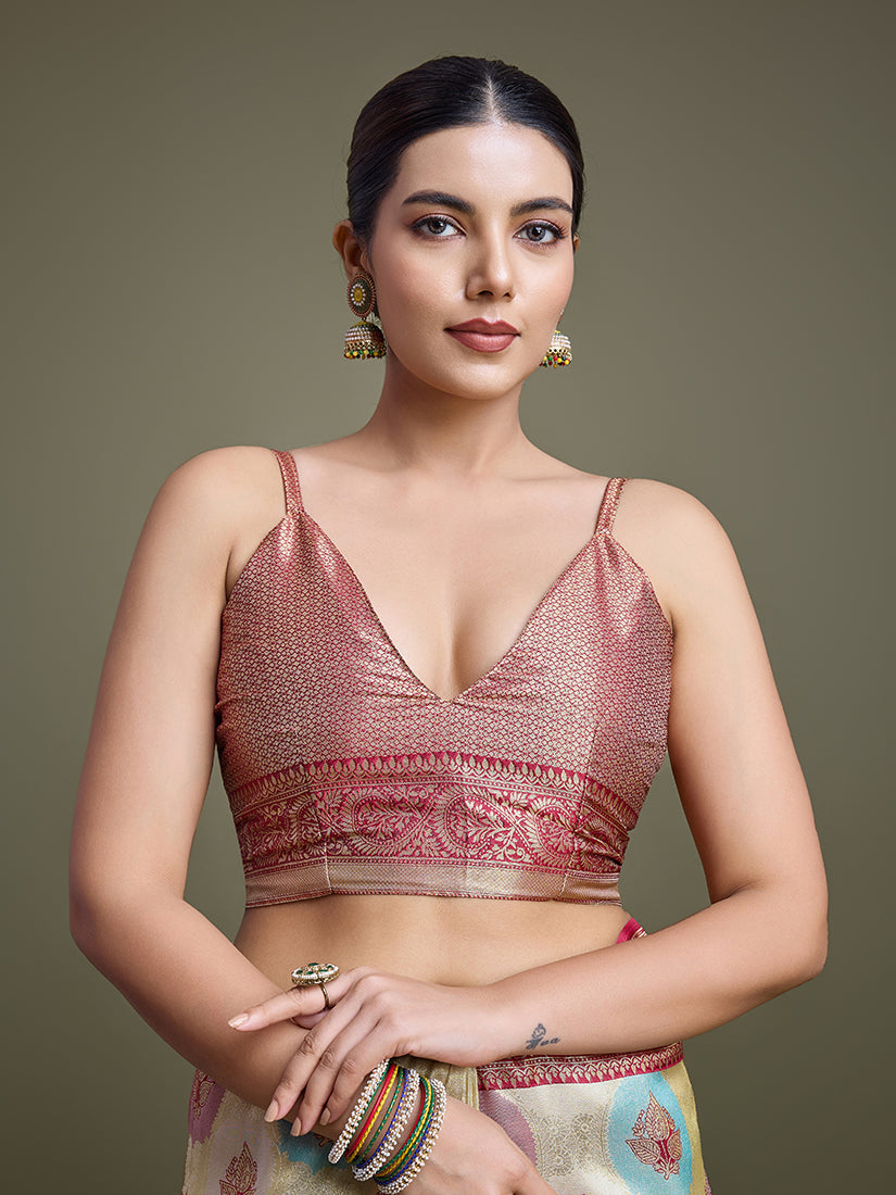Monjolika Fashion Elegant Maroon And Cream Banarasi Silk SareeWith Intricate Zari Work | Swadesiicart