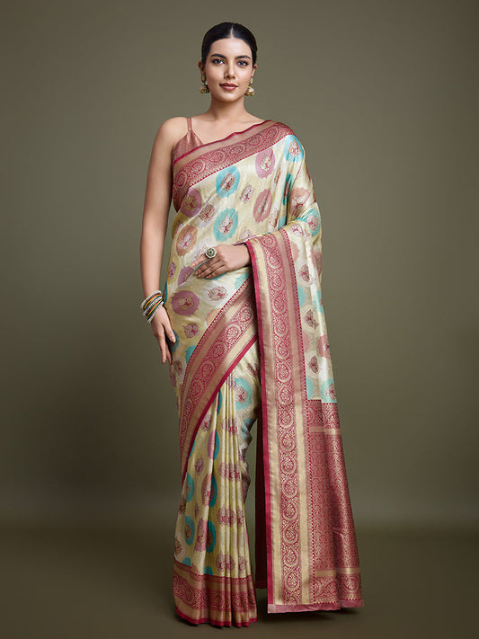 Monjolika Fashion Elegant Maroon And Cream Banarasi Silk SareeWith Intricate Zari Work | Swadesiicart