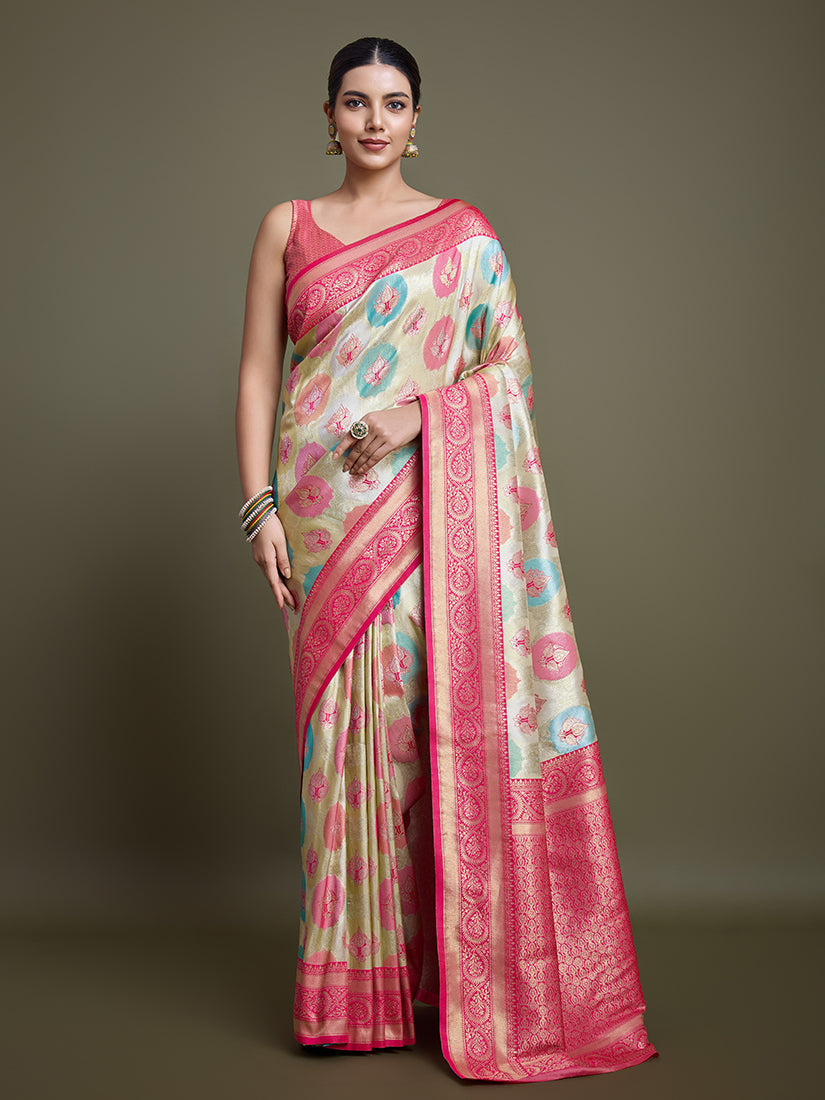 Monjolika Fashion Elegant Pink And Cream Banarasi Silk SareeWith Intricate Zari Work | Swadesiicart