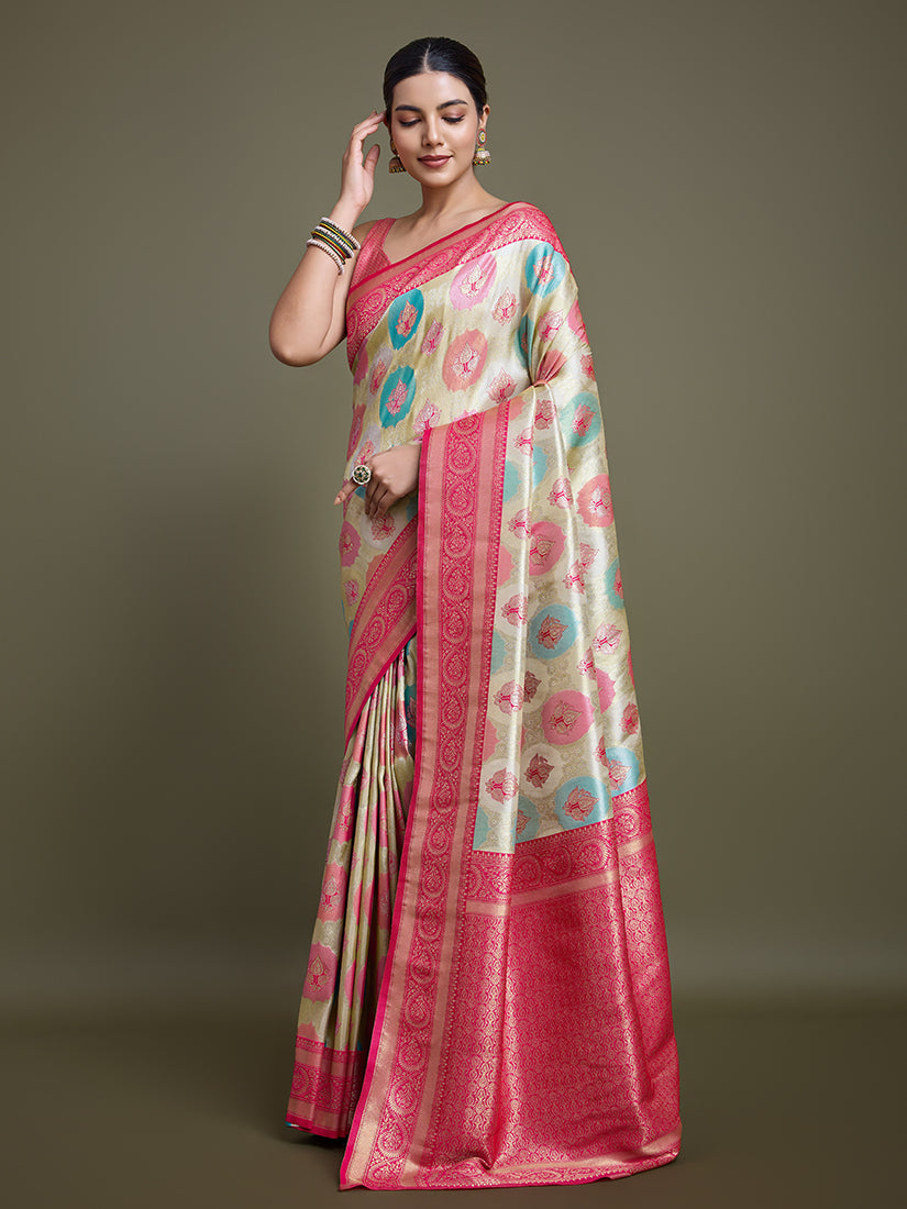 Monjolika Fashion Elegant Pink And Cream Banarasi Silk SareeWith Intricate Zari Work | Swadesiicart