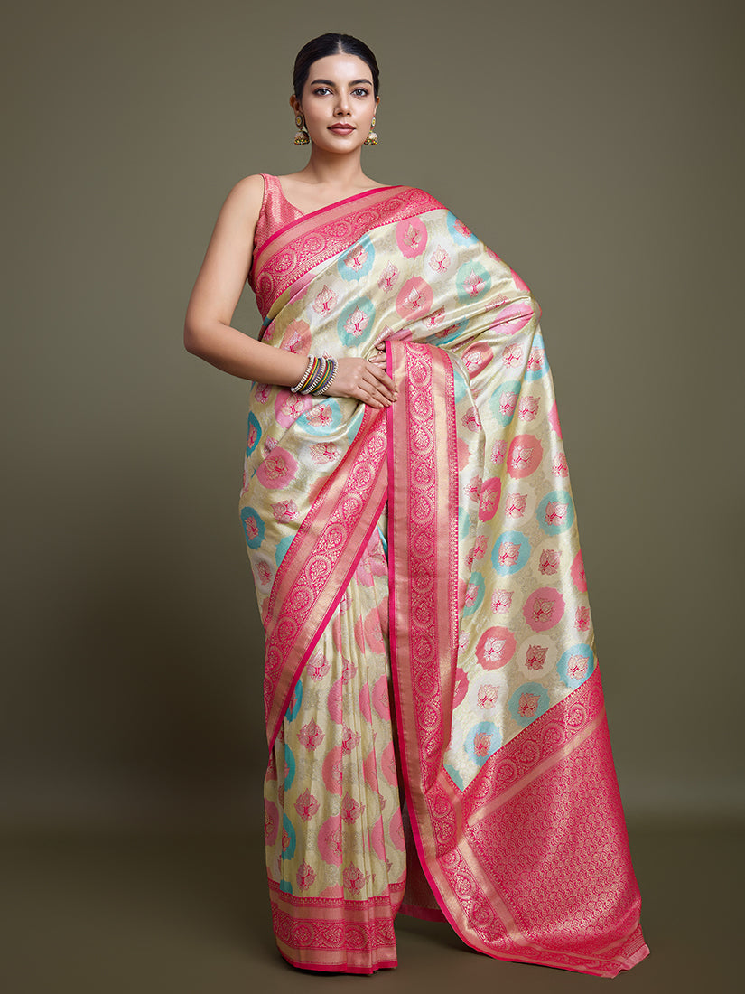Monjolika Fashion Elegant Pink And Cream Banarasi Silk SareeWith Intricate Zari Work | Swadesiicart