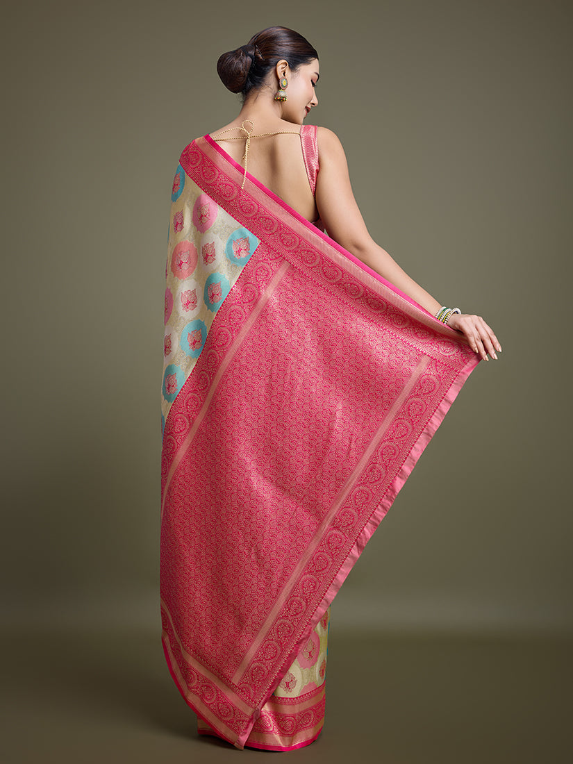 Monjolika Fashion Elegant Pink And Cream Banarasi Silk SareeWith Intricate Zari Work | Swadesiicart