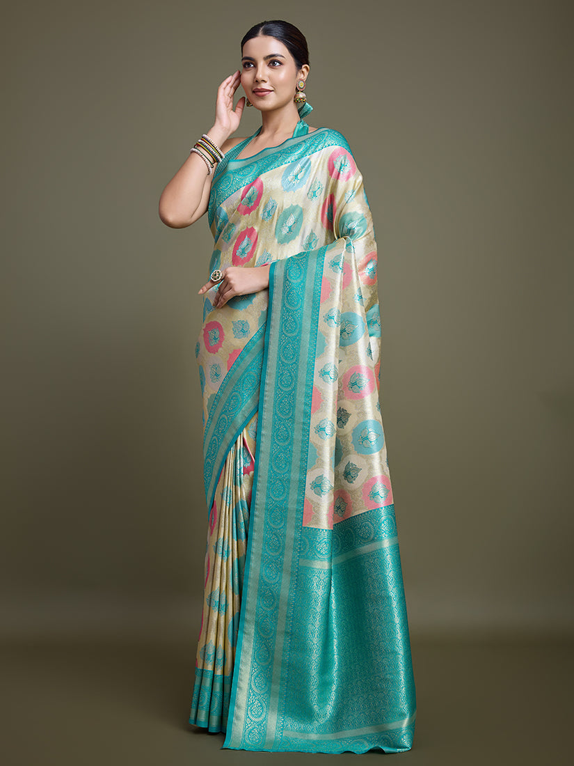 Monjolika Fashion Elegant Turquoise And Cream Banarasi Silk SareeWith Intricate Zari Work | Swadesiicart