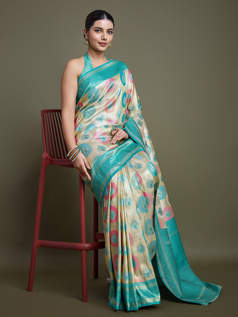 Monjolika Fashion Elegant Turquoise And Cream Banarasi Silk SareeWith Intricate Zari Work | Swadesiicart