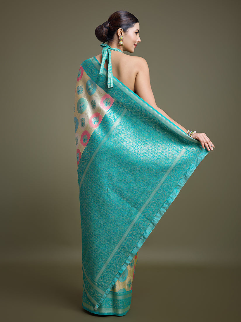 Monjolika Fashion Elegant Turquoise And Cream Banarasi Silk SareeWith Intricate Zari Work | Swadesiicart