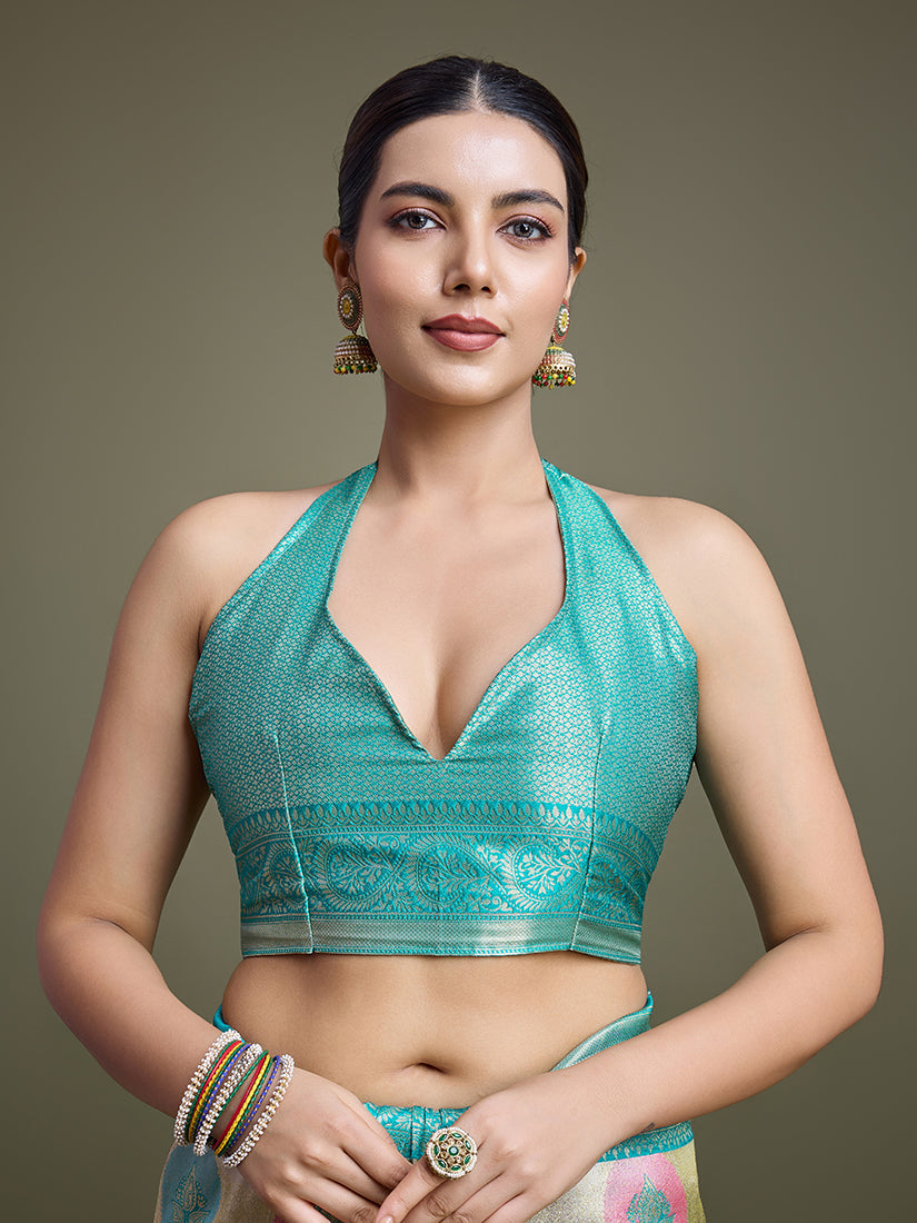Monjolika Fashion Elegant Turquoise And Cream Banarasi Silk SareeWith Intricate Zari Work | Swadesiicart