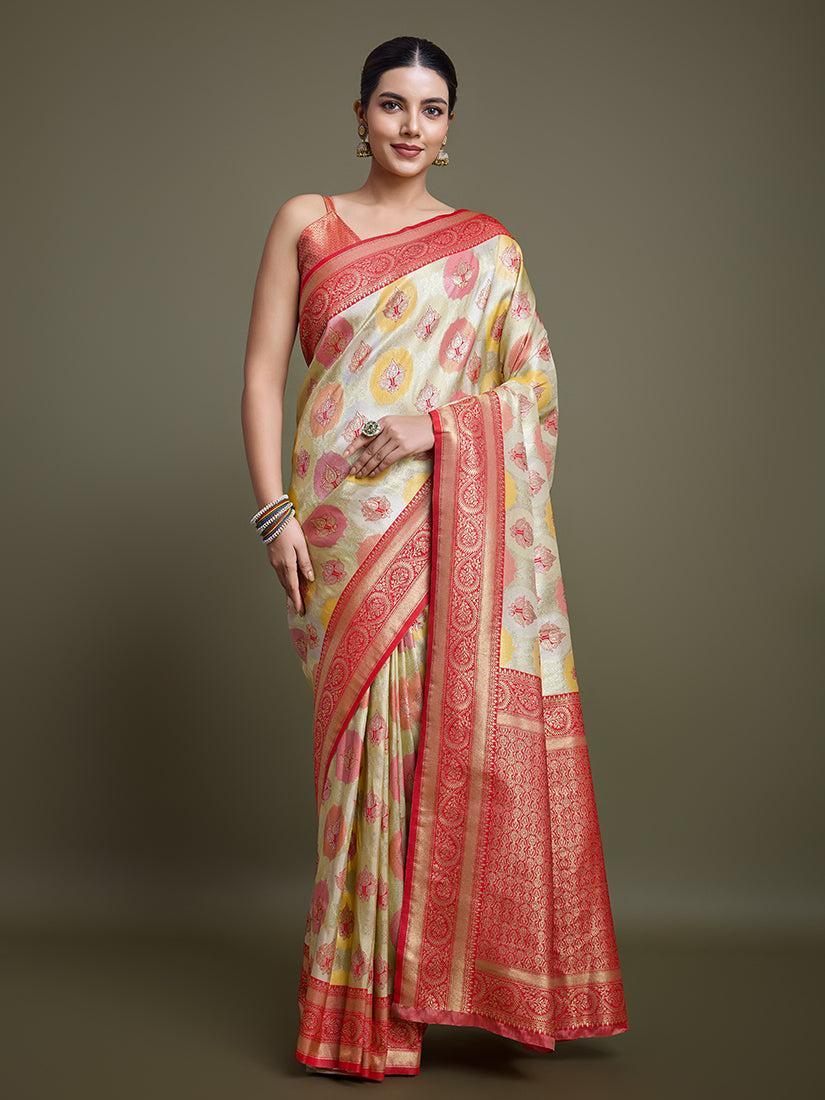 Monjolika Fashion Elegant Red And Cream Banarasi Silk SareeWith Intricate Zari Work | Swadesiicart