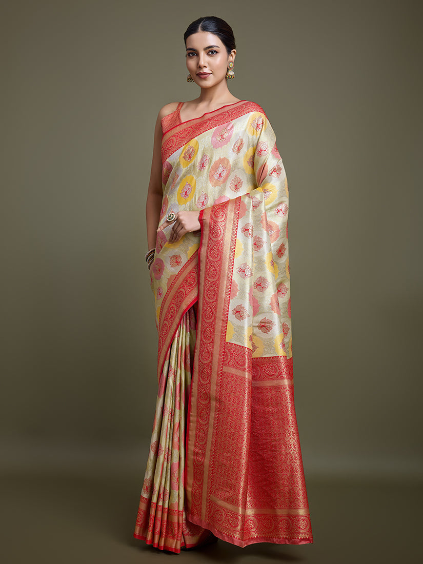 Monjolika Fashion Elegant Red And Cream Banarasi Silk SareeWith Intricate Zari Work | Swadesiicart