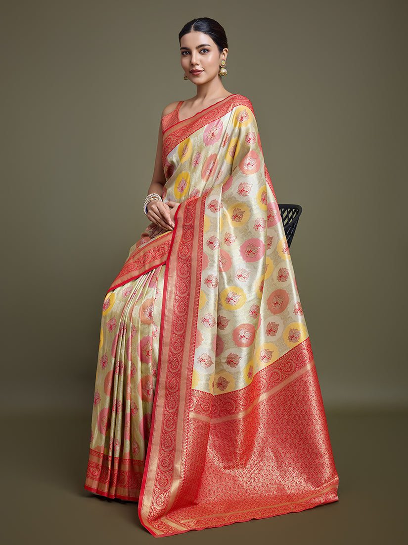 Monjolika Fashion Elegant Red And Cream Banarasi Silk SareeWith Intricate Zari Work | Swadesiicart