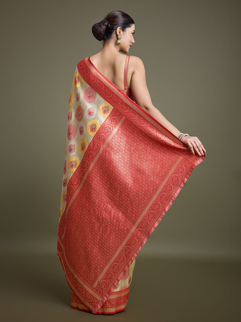 Monjolika Fashion Elegant Red And Cream Banarasi Silk SareeWith Intricate Zari Work | Swadesiicart