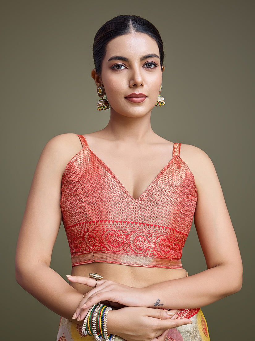 Monjolika Fashion Elegant Red And Cream Banarasi Silk SareeWith Intricate Zari Work | Swadesiicart