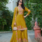 Anaita Mustard Chinon Stitched Plazzo Suit With Codding Dori & Sequence Work