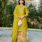 Anaita Mustard Chinon Stitched Plazzo Suit With Codding Dori & Sequence Work