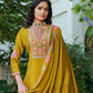 Anaita Mustard Chinon Stitched Plazzo Suit With Codding Dori & Sequence Work