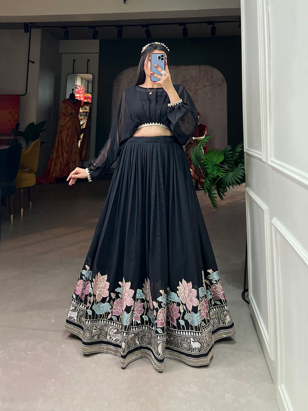 Lorenvalley Black Georgette Sequins and Thread Embroidery Work Lehenga Choli | Swadesiicart