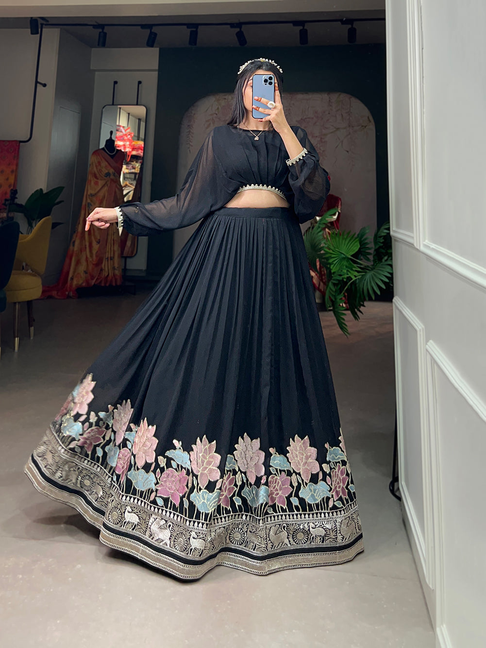 Lorenvalley Black Georgette Sequins and Thread Embroidery Work Lehenga Choli | Swadesiicart