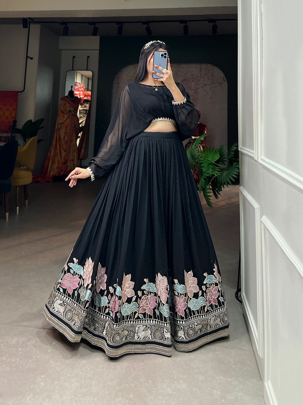 Lorenvalley Black Georgette Sequins and Thread Embroidery Work Lehenga Choli | Swadesiicart