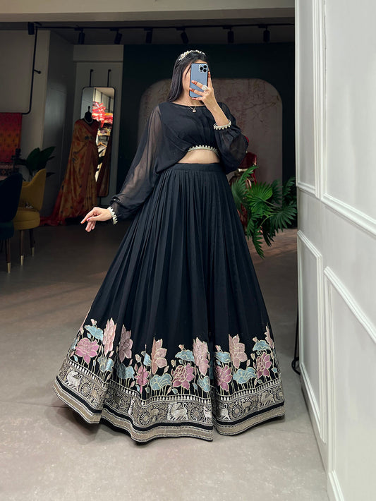 Lorenvalley Black Georgette Sequins and Thread Embroidery Work Lehenga Choli | Swadesiicart