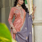 Anaita Peach Shimmer Stitched Plazzo Suit With Codding Dori & Sequence Work