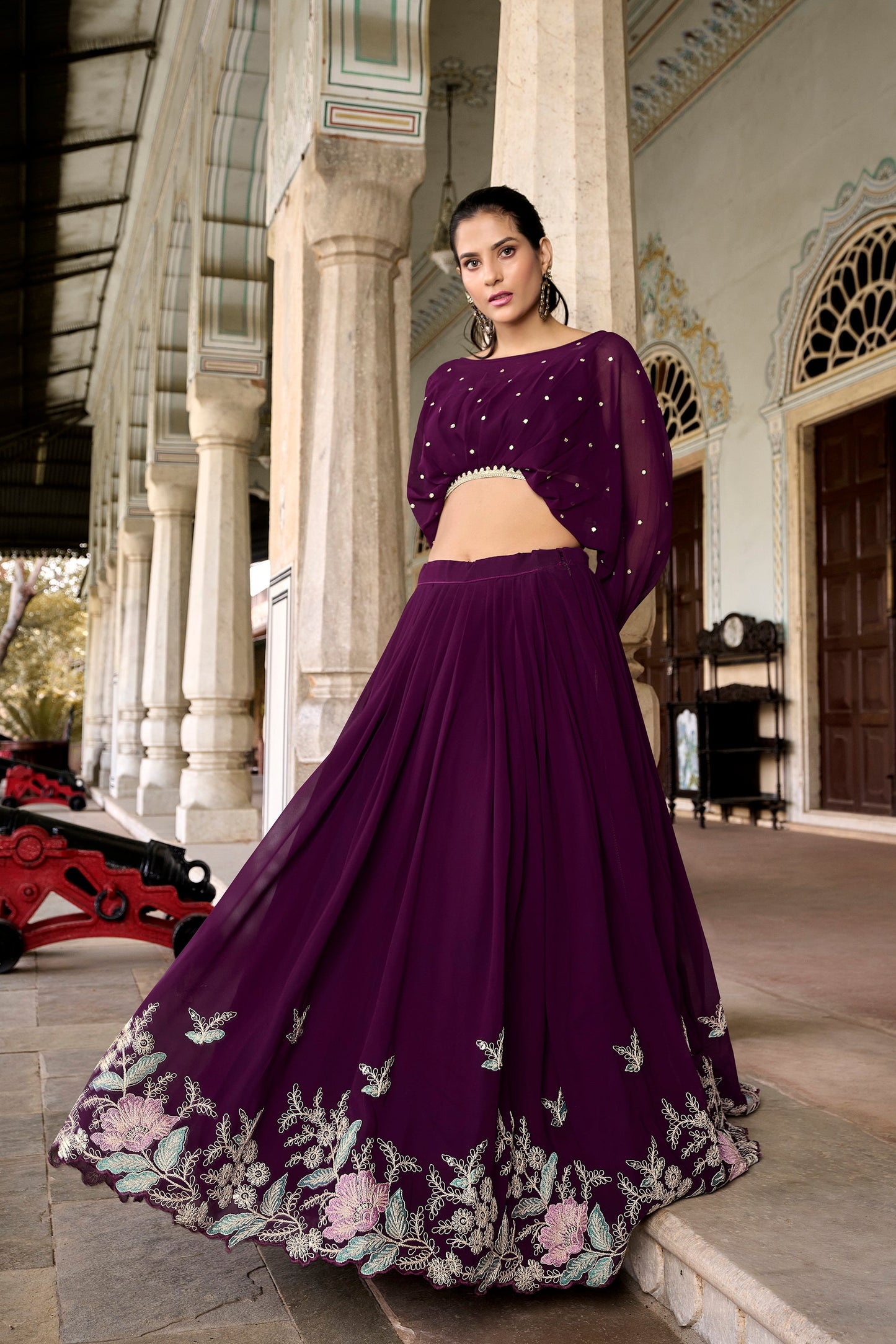 Lorenvalley Wine Georgette Sequins and Thread Embroidery work ethnic Co-ord Set - Swadesiicart