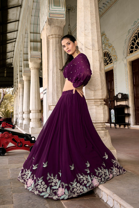 Lorenvalley Wine Georgette Sequins and Thread Embroidery work ethnic Co-ord Set - Swadesiicart