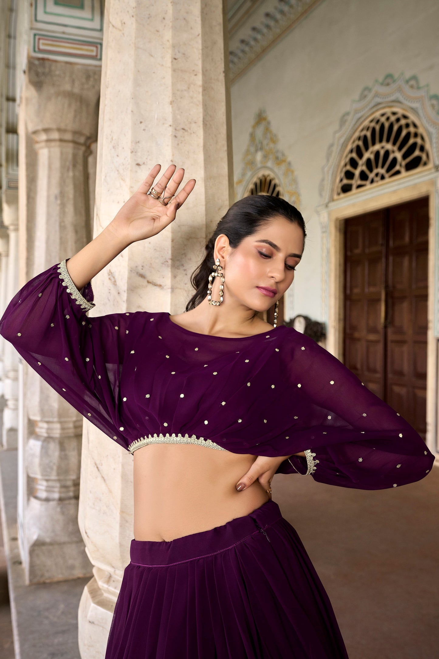 Lorenvalley Wine Georgette Sequins and Thread Embroidery work ethnic Co-ord Set - Swadesiicart