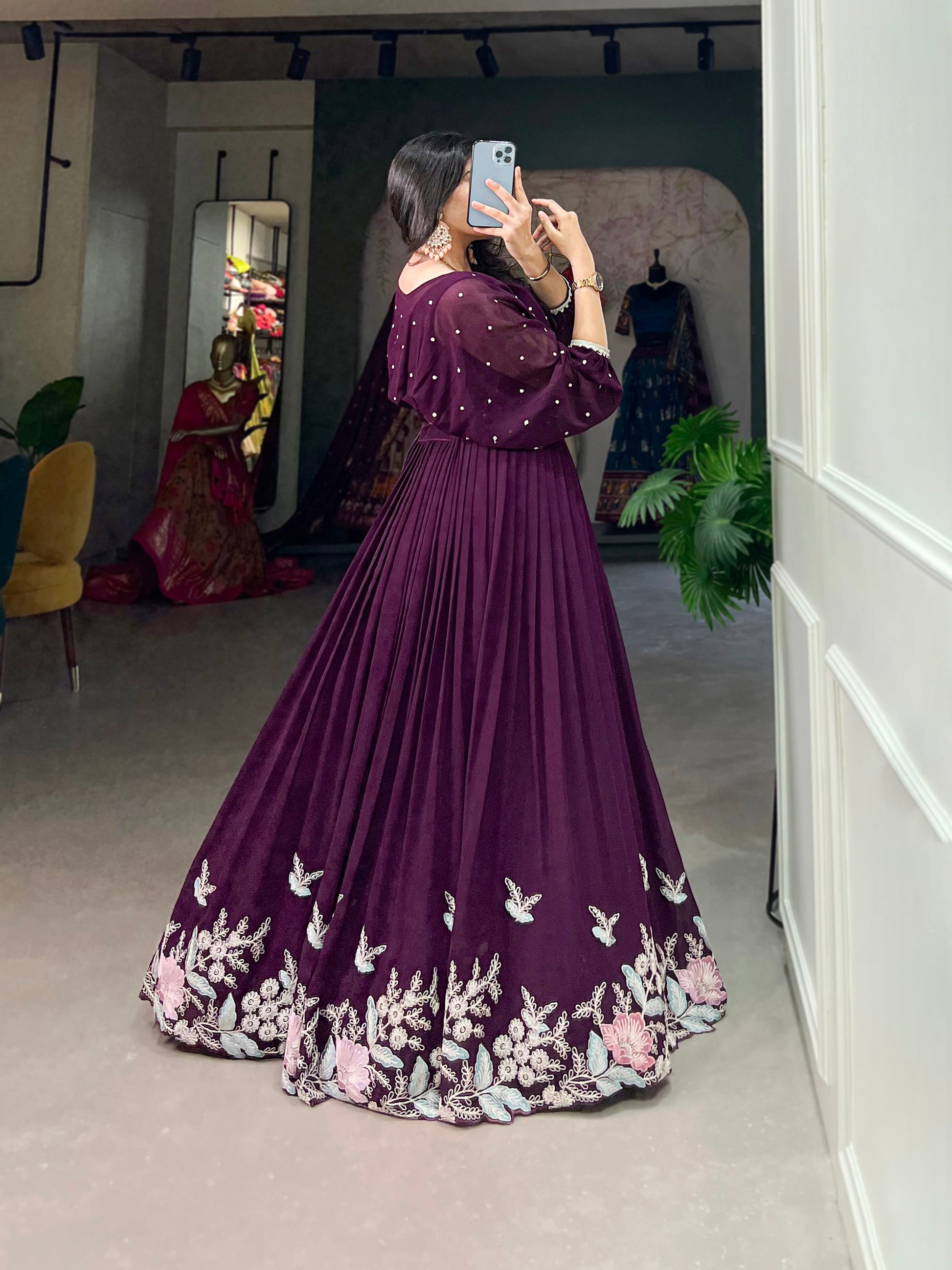 Lorenvalley Wine Georgette Sequins and Thread Embroidery work ethnic Co-ord Set - Swadesiicart