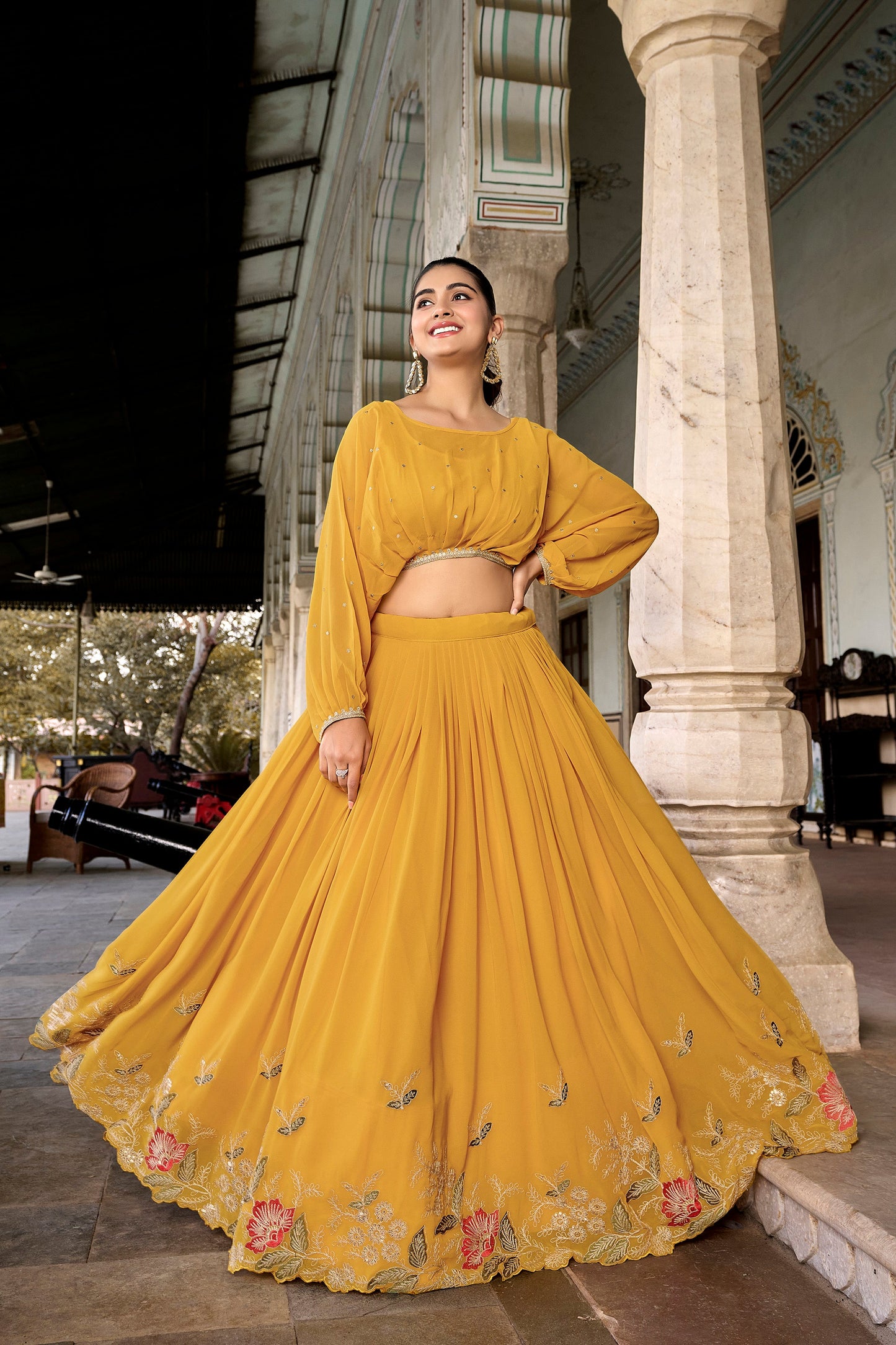 Lorenvalley Yellow Georgette Sequins and Thread Embroidery work ethnic Co-ord Set - Swadesiicart
