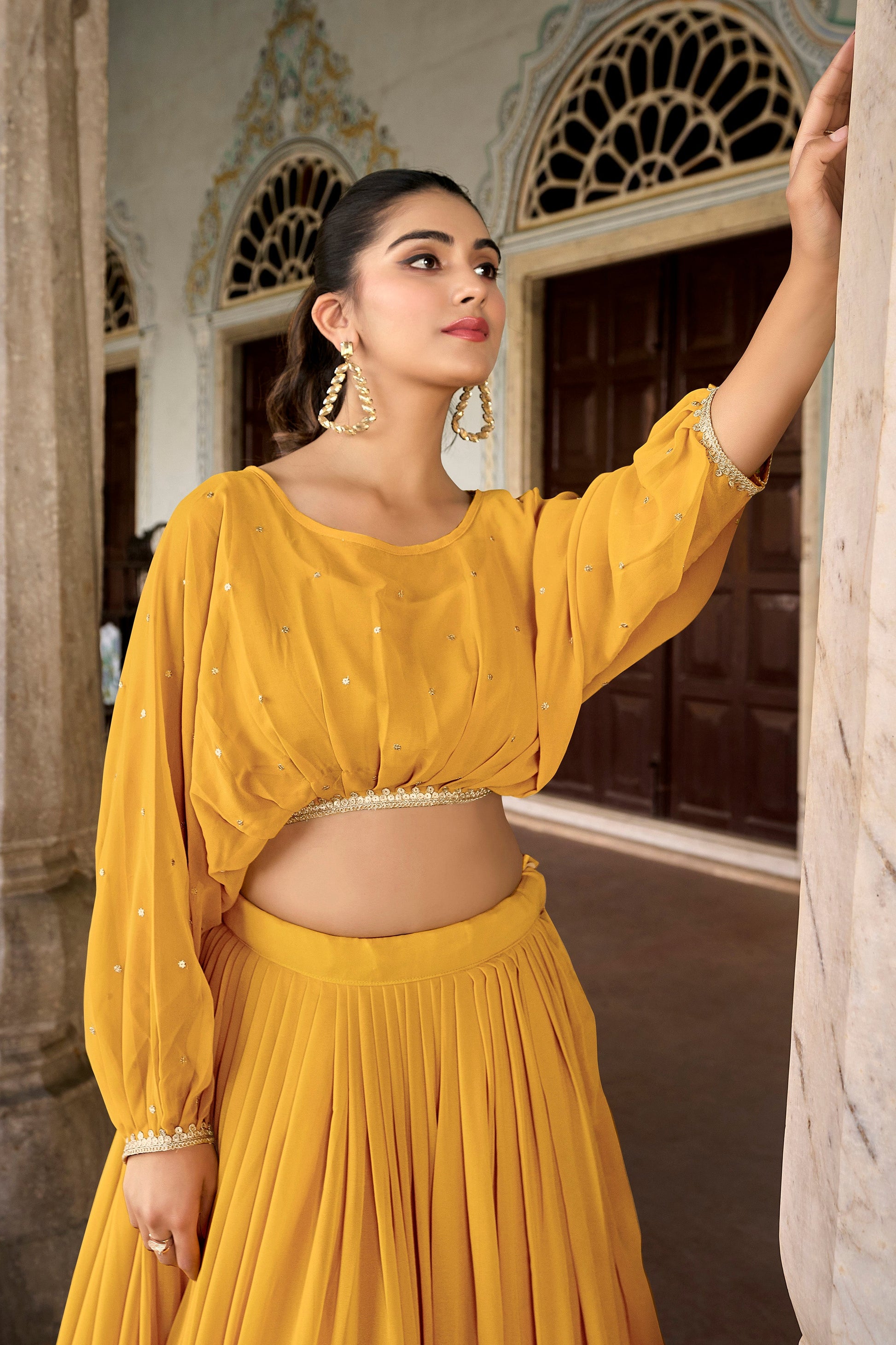 Lorenvalley Yellow Georgette Sequins and Thread Embroidery work ethnic Co-ord Set - Swadesiicart