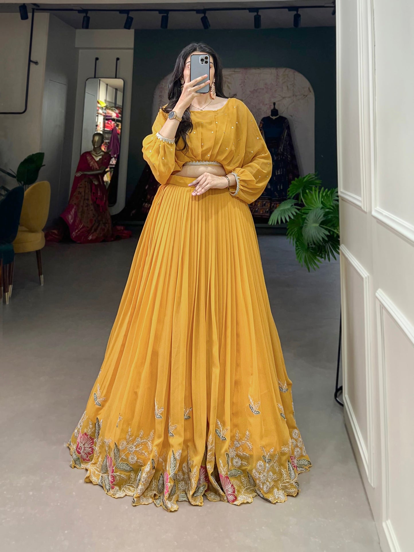 Lorenvalley Yellow Georgette Sequins and Thread Embroidery work ethnic Co-ord Set - Swadesiicart