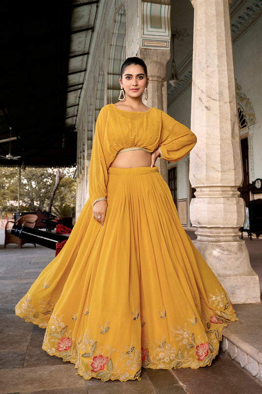 Lorenvalley Yellow Georgette Sequins and Thread Embroidery work ethnic Co-ord Set - Swadesiicart