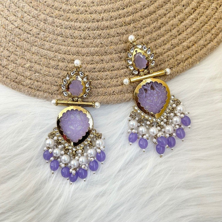 Tehzeeb Creations Latest Gold Polish Kundan & Pearl Studded Designer Drop Long Earrings For Women And Girls Lavender | Swadesiicart