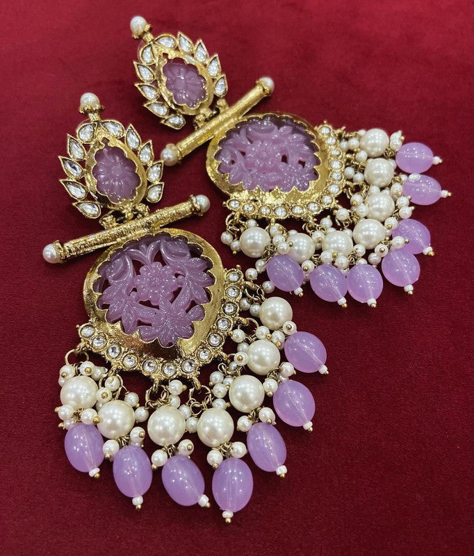 Tehzeeb Creations Latest Gold Polish Kundan & Pearl Studded Designer Drop Long Earrings For Women And Girls Lavender | Swadesiicart