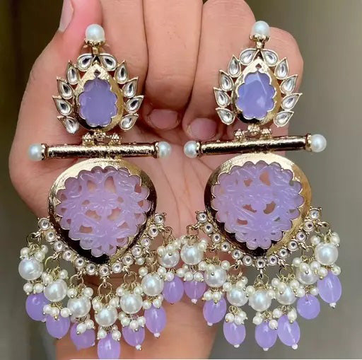 Tehzeeb Creations Latest Gold Polish Kundan & Pearl Studded Designer Drop Long Earrings For Women And Girls Lavender | Swadesiicart