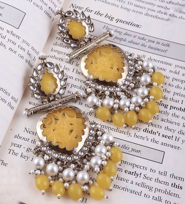 Tehzeeb Creations Latest Gold Polish Kundan & Pearl Studded Designer Drop Long Earrings For Women And Girls Yellow | Swadesiicart