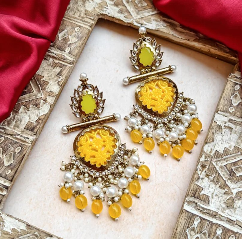 Tehzeeb Creations Latest Gold Polish Kundan & Pearl Studded Designer Drop Long Earrings For Women And Girls Yellow | Swadesiicart