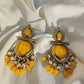 Tehzeeb Creations Latest Gold Polish Kundan & Pearl Studded Designer Drop Long Earrings For Women And Girls Yellow | Swadesiicart