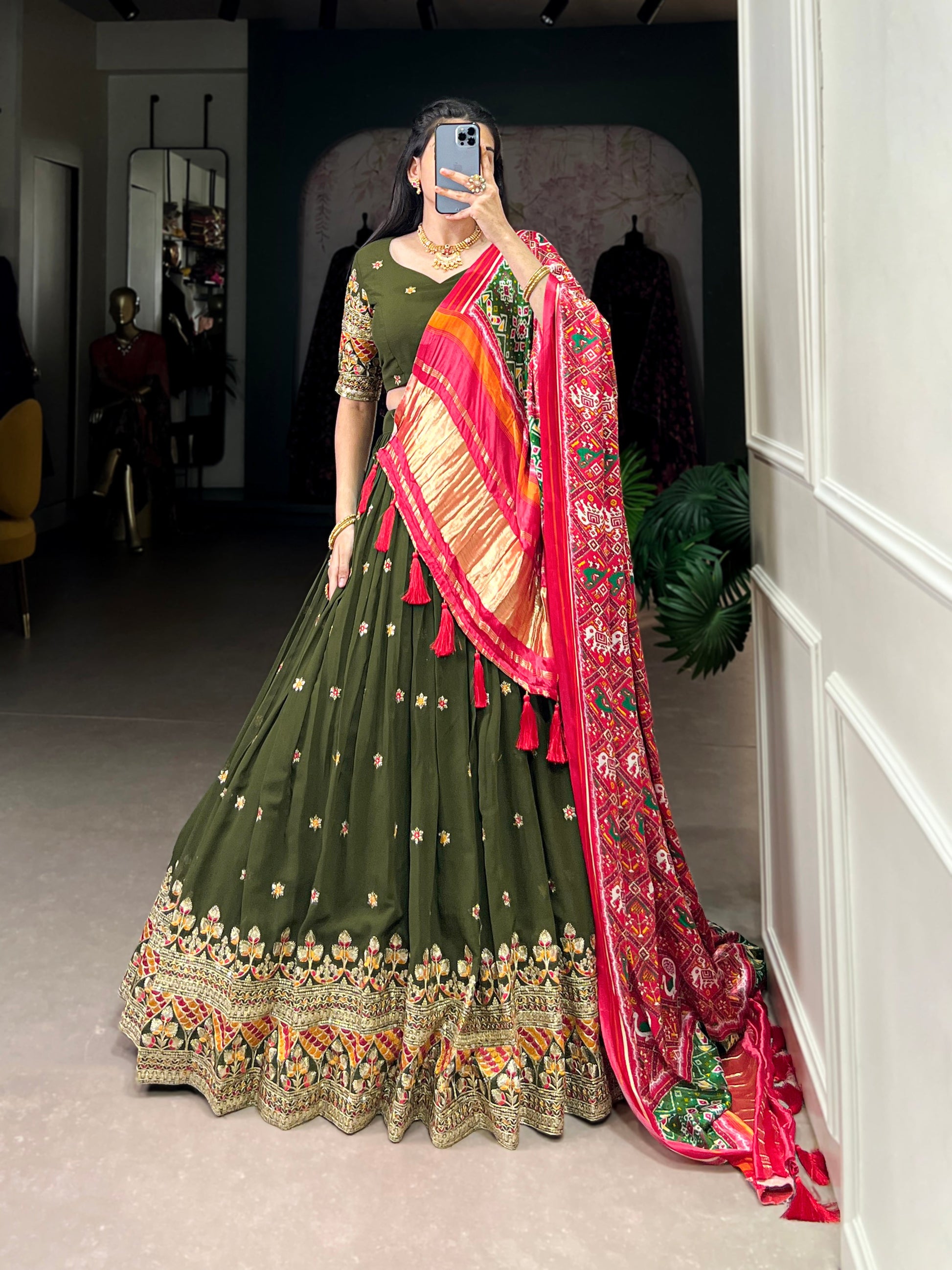 Lorenvalley Green Georgette Sequins and Thread Embroidery Work Lehenga Choli | Swadesiicart