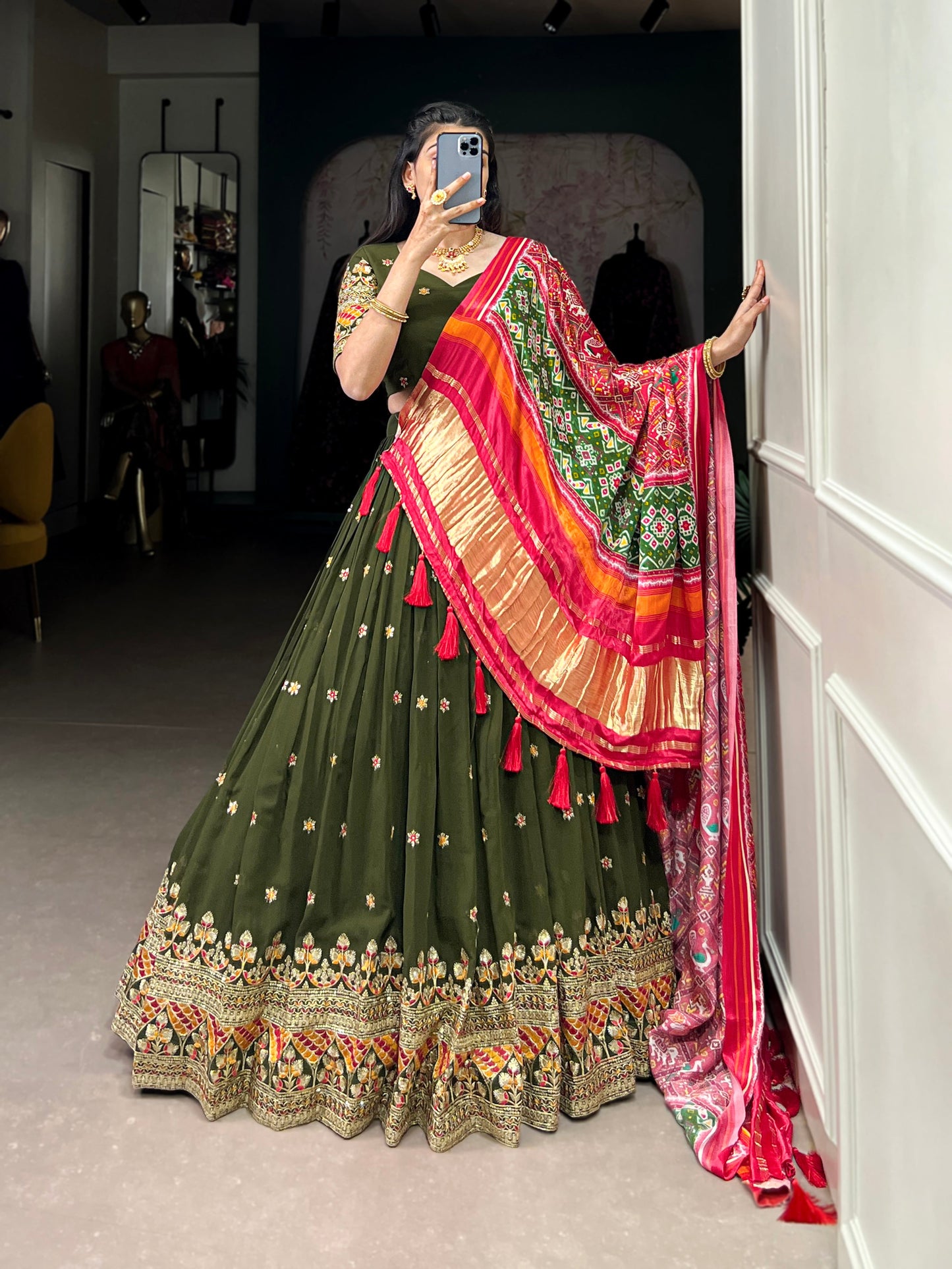 Lorenvalley Green Georgette Sequins and Thread Embroidery Work Lehenga Choli | Swadesiicart