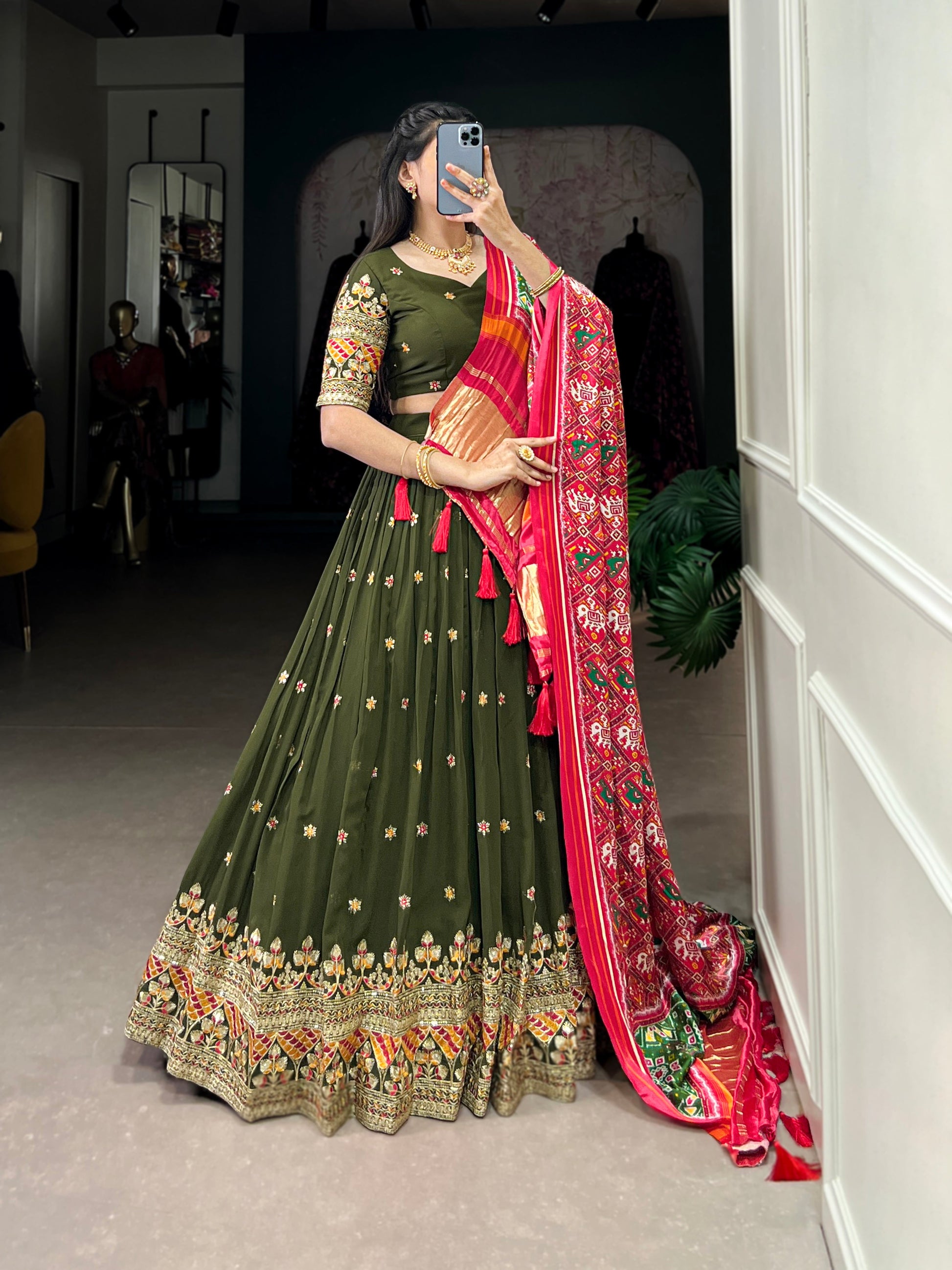 Lorenvalley Green Georgette Sequins and Thread Embroidery Work Lehenga Choli | Swadesiicart