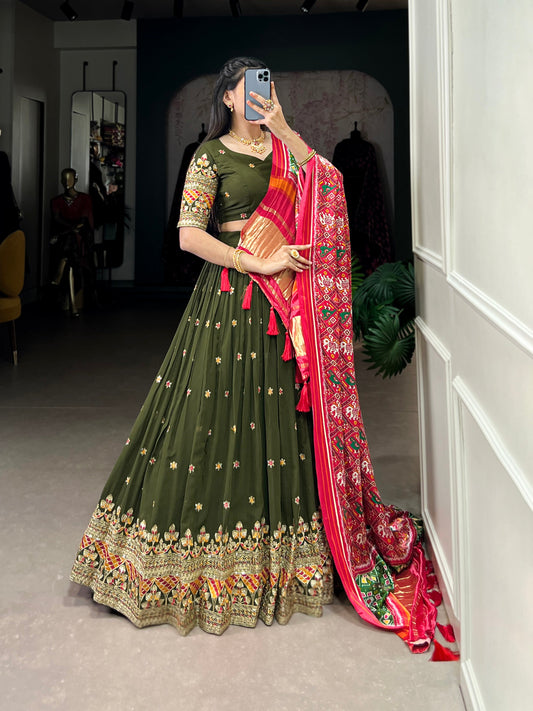 Lorenvalley Green Georgette Sequins and Thread Embroidery Work Lehenga Choli | Swadesiicart