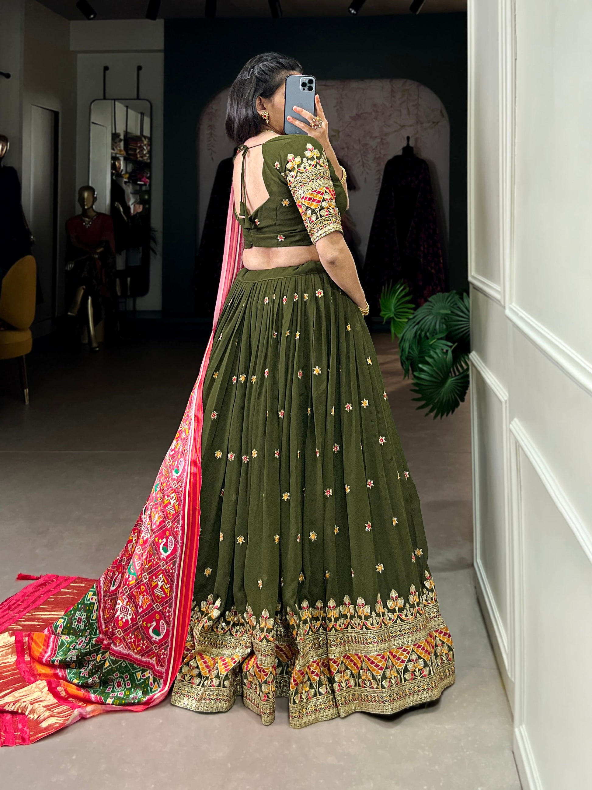 Lorenvalley Green Georgette Sequins and Thread Embroidery Work Lehenga Choli | Swadesiicart
