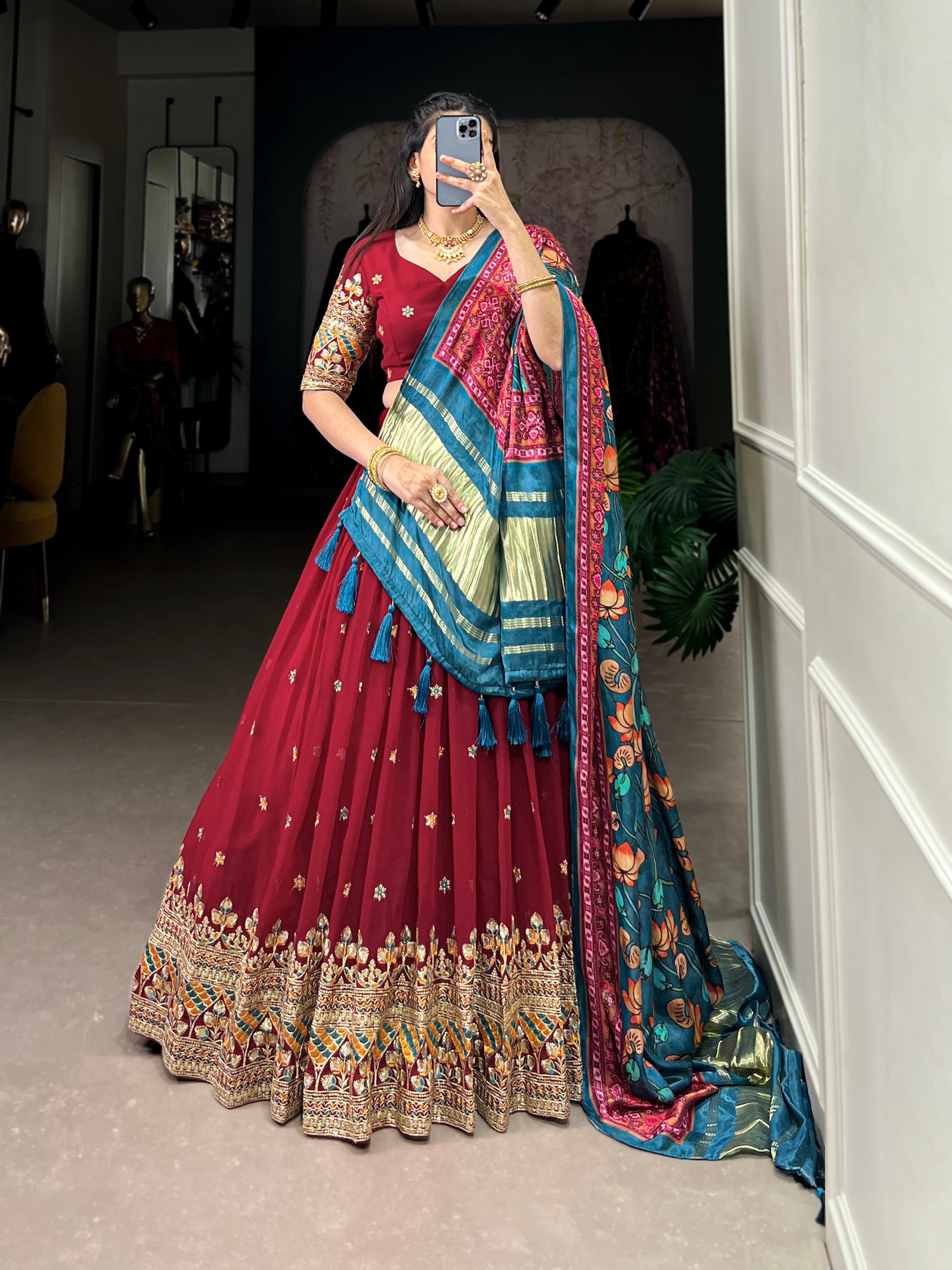Lorenvalley Maroon Georgette Sequins and Thread Embroidery Work Lehenga Choli | Swadesiicart