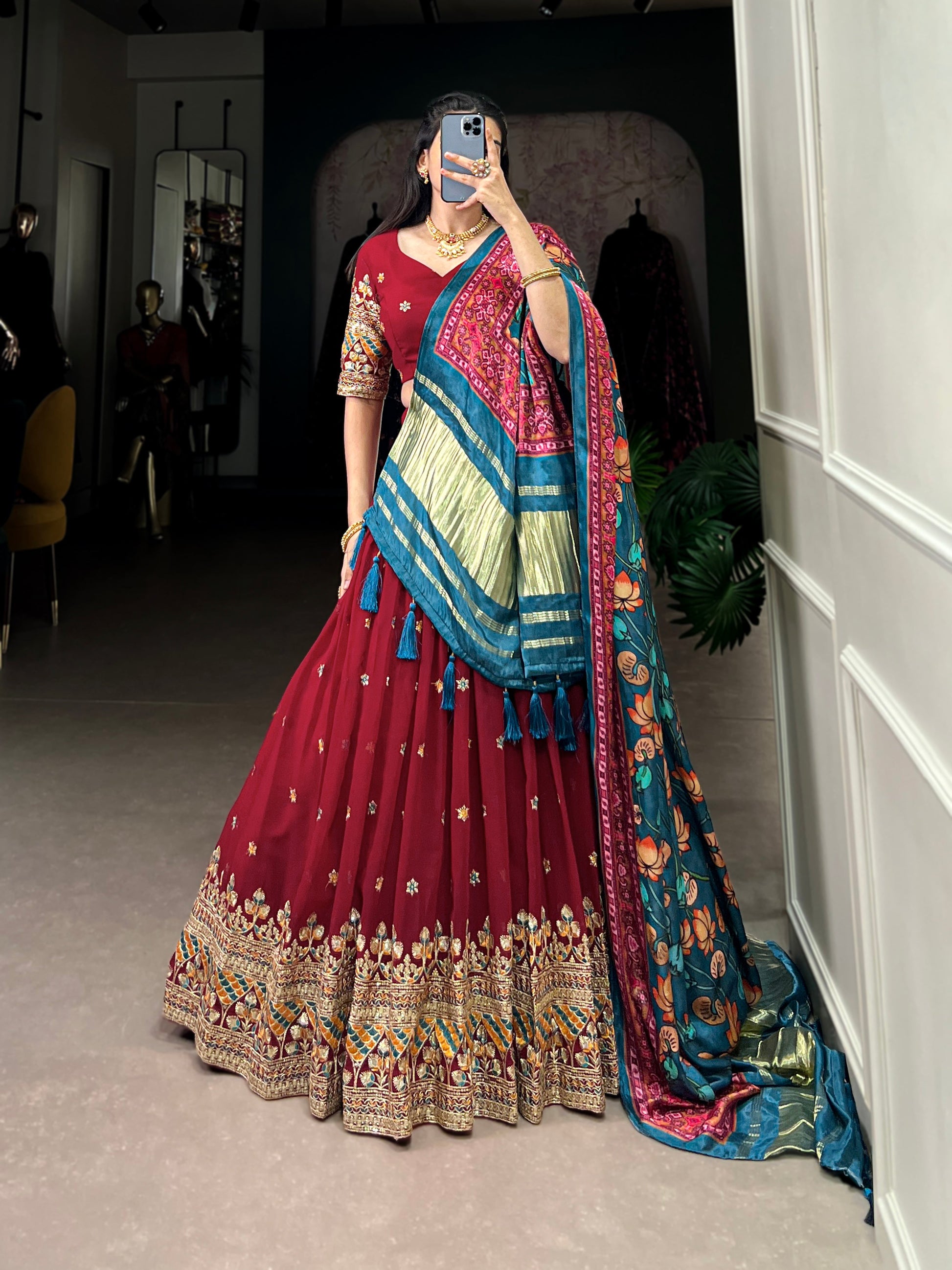 Lorenvalley Maroon Georgette Sequins and Thread Embroidery Work Lehenga Choli | Swadesiicart
