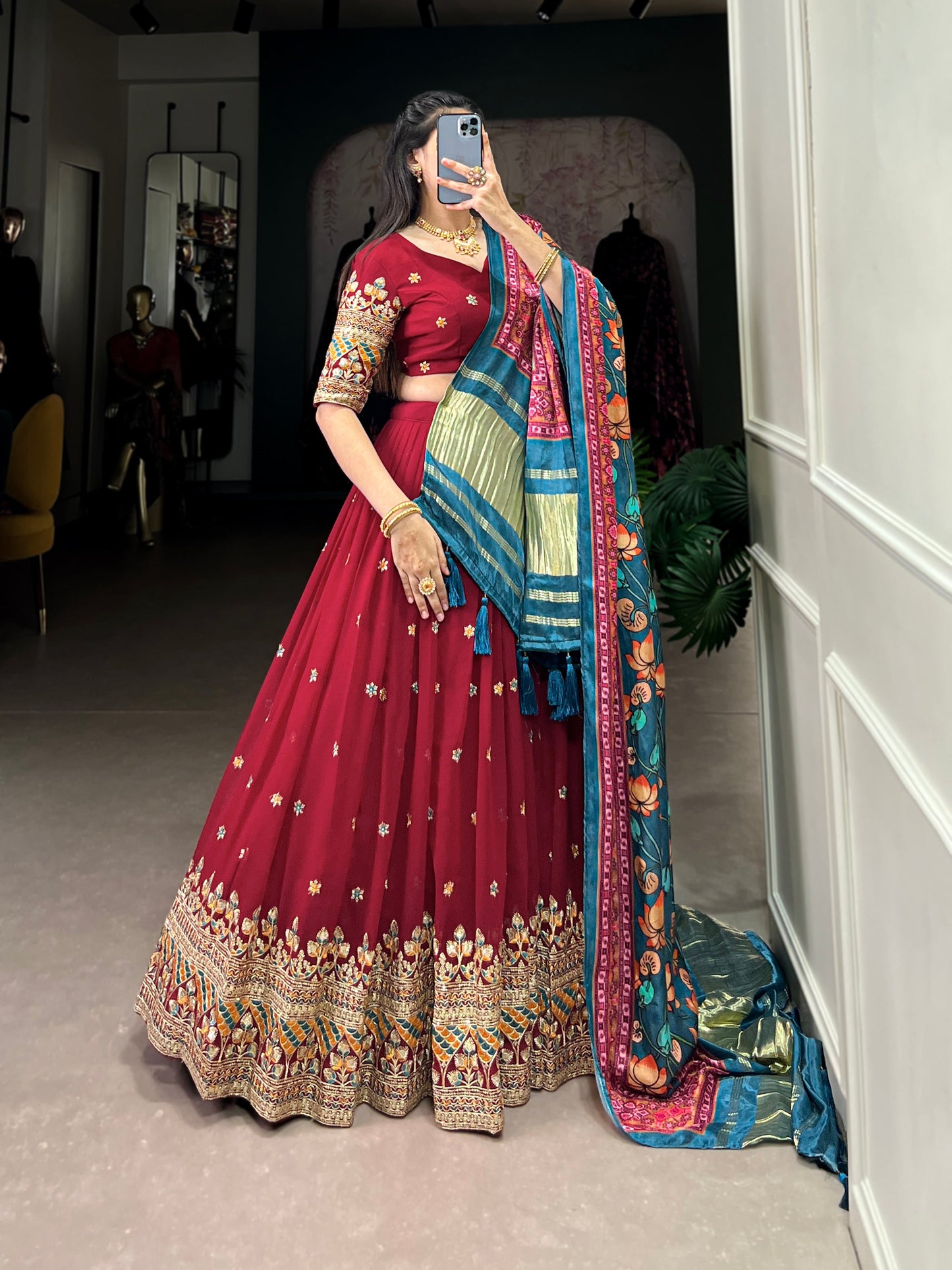 Lorenvalley Maroon Georgette Sequins and Thread Embroidery Work Lehenga Choli | Swadesiicart