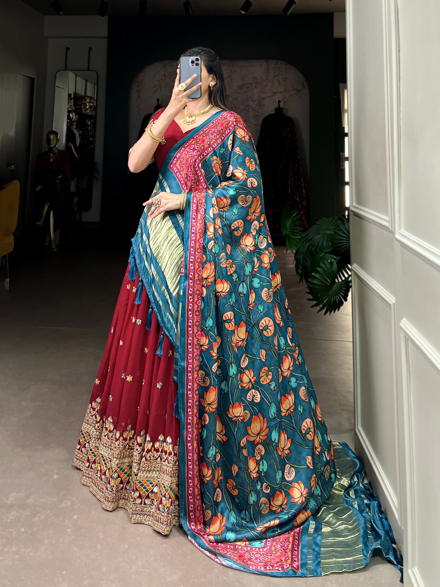 Lorenvalley Maroon Georgette Sequins and Thread Embroidery Work Lehenga Choli | Swadesiicart