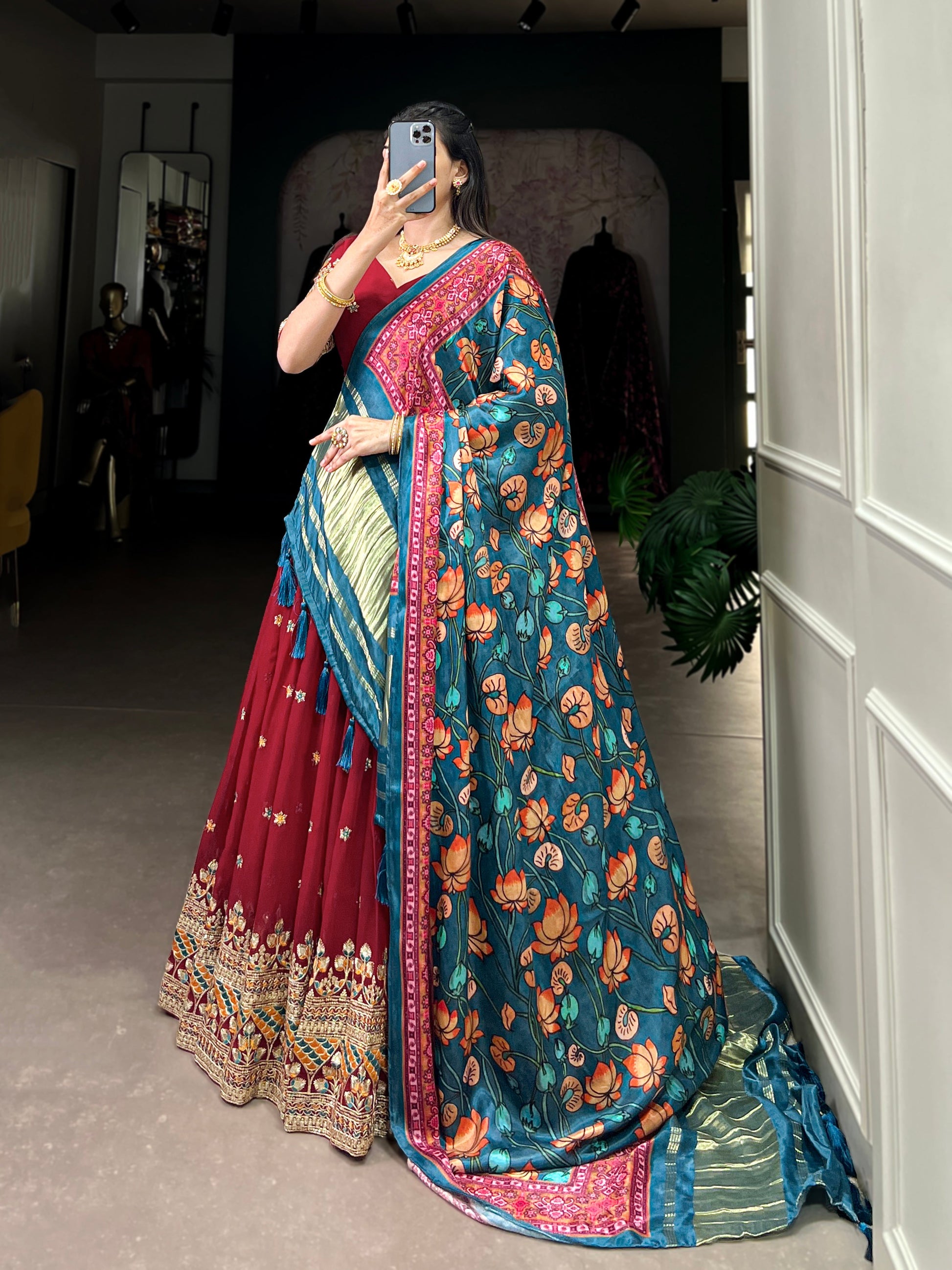 Lorenvalley Maroon Georgette Sequins and Thread Embroidery Work Lehenga Choli | Swadesiicart