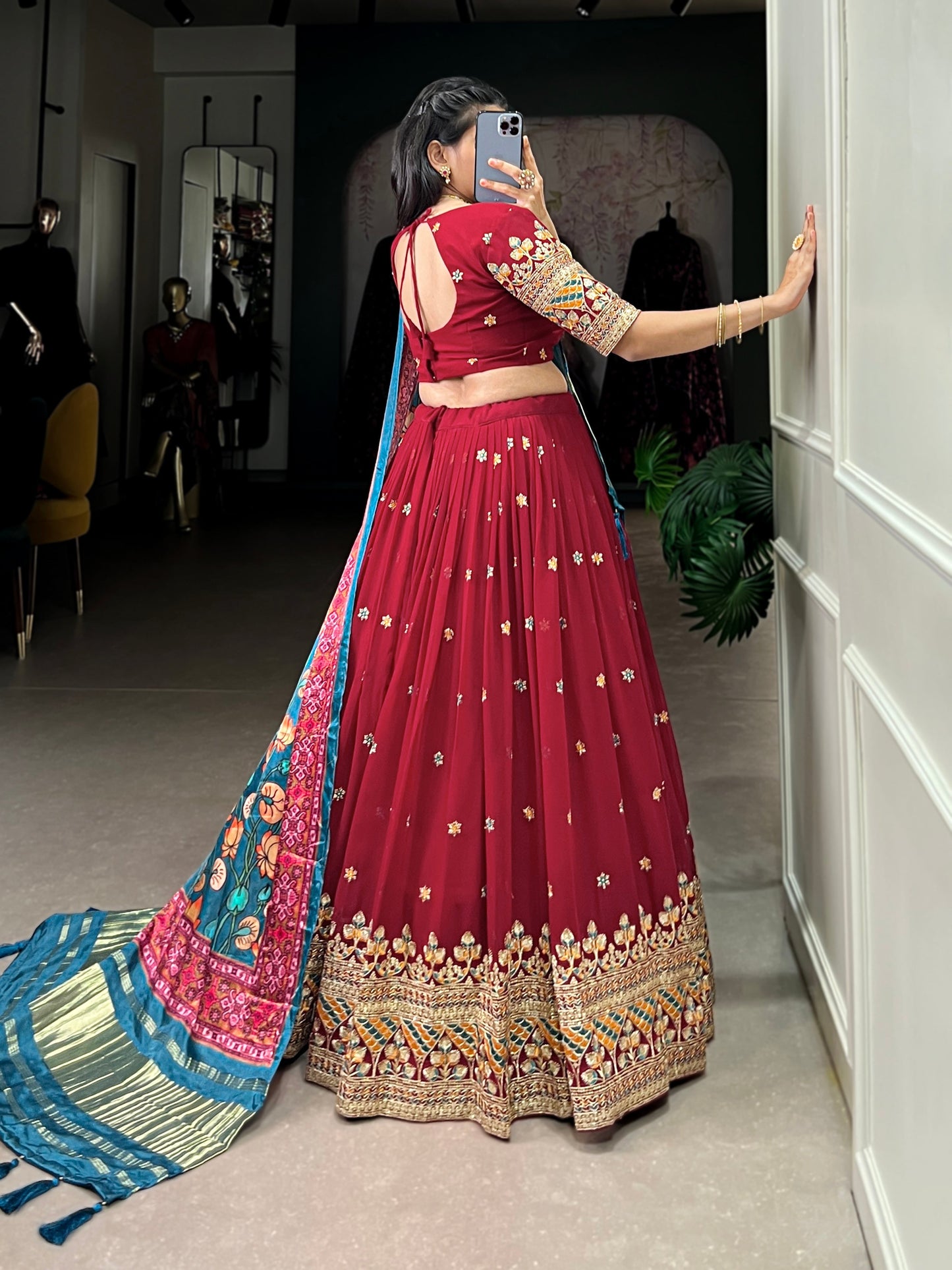 Lorenvalley Maroon Georgette Sequins and Thread Embroidery Work Lehenga Choli | Swadesiicart