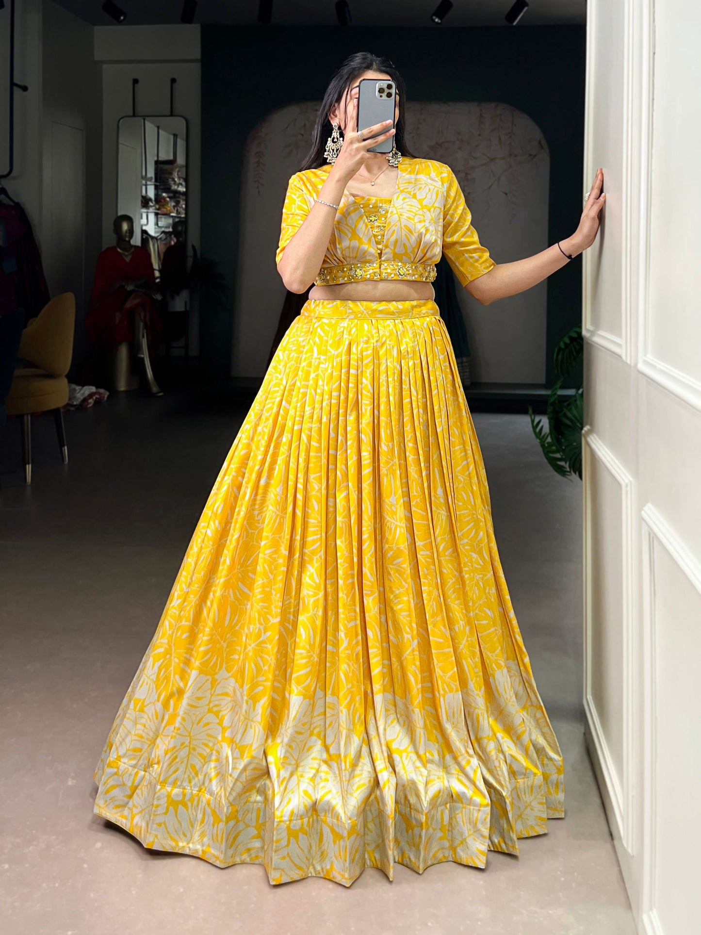 Lorenvalley Fashion Yellow Tussar Silk Printed Lehenga Choli with Koti - Swadesiicart